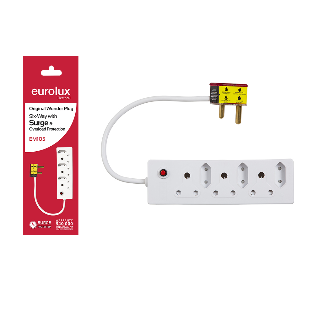 EM105  6 Way plug with Surge & Overload Protection